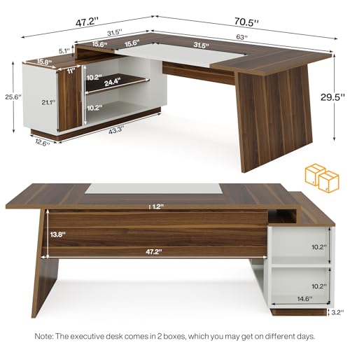 Tribesigns L-Shaped Executive Office Desk, 70.5-Inch Mid-Century Modern Executive Desk with Storage Cabinet and Shelves, Large Computer Desk for Home Office, Brown + White by Tribesigns - Image 5