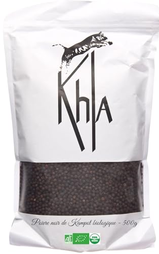 Khla - Kampot Pfeffer Schwarz Bio 500g - Schwarzer Pfefferkörner Ganz Biologisch - Direkt vom Erzeuger - Schwarze Körner Ganze für Mühle - Herkunft Kambodscha