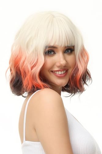 Rose bud Foxy Color Wavy Bob Wig for Women Short Curly Wigs with Bangs