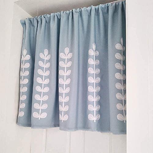 Cortina azul corta de cocina 140x100cm traslúcida con estampado botánico 2