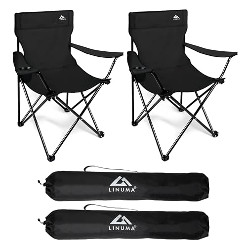 LINUMA® 2er Set - Faltstuhl SCHWARZ Campingstuhl Anglerstuhl mit Getränkehalter & Tragetasche - Anglersessel klappbar - Klappstuhl Gartenstuhl Faltstuhl Relaxsessel Angelsessel faltbar