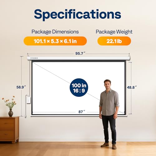 VIVOHOME Motorized Projector Screen with Remote, 16:9 100 Inch Auto Electric Projection Screen, HD 4K Movie Screen for Home Theater, Cinema, Office (87 x 49 White)