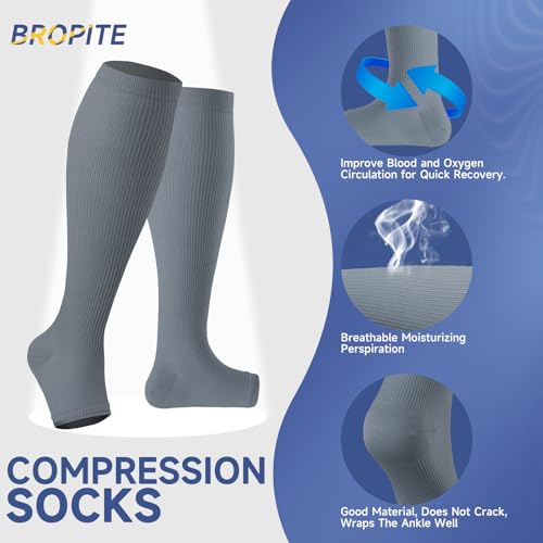 Image of bropite 3 Pairs Open Toe Compression Socks for Women, Support for Travel | Graduated 15-20 mmHg compression circulation,reduces swelling.3 pairs open toe design for travel,nurses,pregnancy comfort