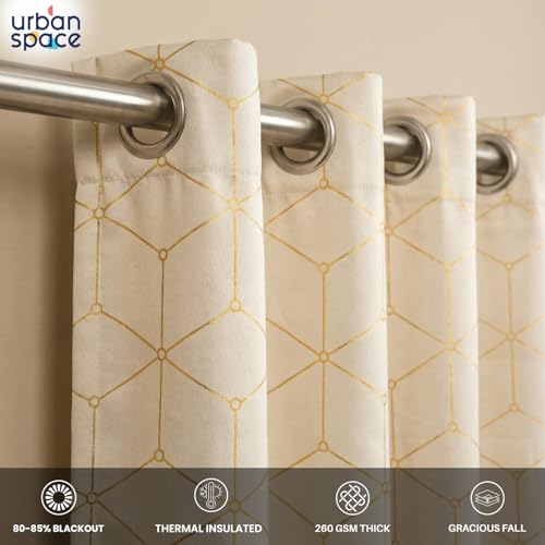 Image of Urban Space 80-85% True Blackout Curtains for Long Door, Gold Foil Printed Blackout Curtains, Blackout Decorative Door Curtain Eyelet with Tieback, 1 Piece Curtain for Living Room(Hex Beige, 8 Feet)