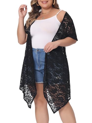 Image of Agnes Orinda Plus Size Lace Crochet Cardigan for Women Open Front Short Sleeves Sheer Cover Up Jacket
