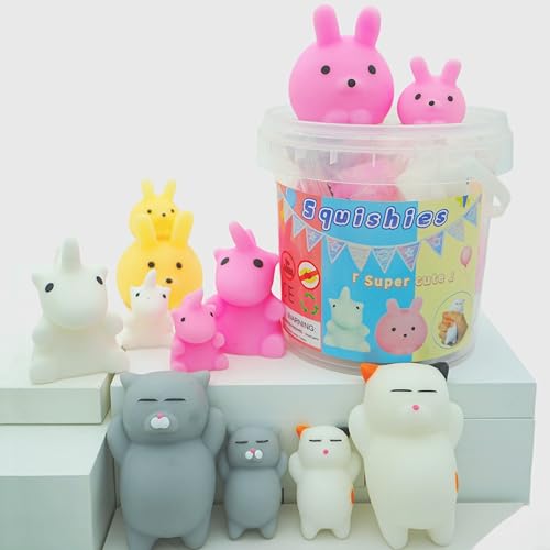 Kawaii Jumbo & Mini Animal Squishies - 12 Pcs Mochi Squishy Toy Set in Storage Box - Stress Relief, Birthday Gifts, Easter Fillers & Classroom Prizes