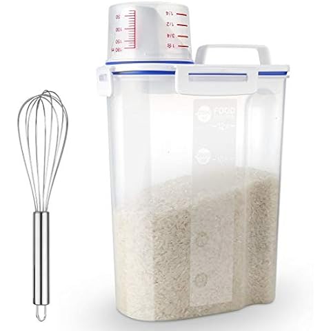 Uppetly Rice Airtight Dry Food Storage Containers, BPA Free Plastic Sealed Holder Bin Dispenser with Pouring Spout, Measuring Cup for Cereal, Flour and Oatmeal, Include a Stainless Steel Whisk Cover