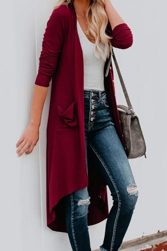 Image of Alaster Queen Women's Open Front Cardigan Button Down High Low Hem Knitted Cardigan Outwear with Pockets