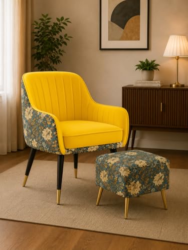 Image of Velvet Accent Chair with Pouffe & Floral Cushion | Modern Upholstered Armchair with Gold Metal Legs | Comfortable Lounge Chair for Living Room, Bedroom, Office (Yellow)