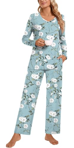 POPYOUNG Women's Pajama Set, Fall Winter Lounge sets Long Sleeves Sleepwear V Neck with pockets 2 Piece Pjs Sets Nightwear2