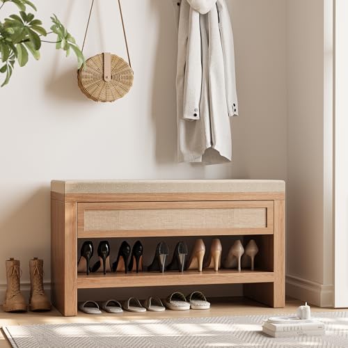 astimey 32” Shoe Bench with Storage Drawer, Farmhouse...