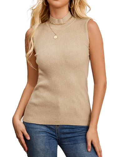 Biffxeu Apricot Women Sleeveless Mock Neck Tops Slim Ribbed Fit Knit Vest
