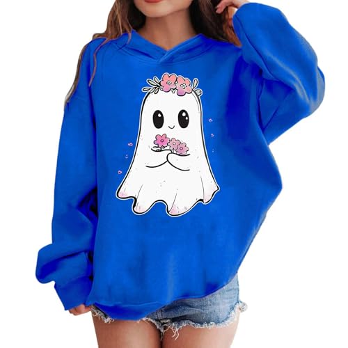 Girls Halloween Hoodies Cute Ghost Flower Graphic Pullover Tops Casual Hooded Long Sleeve Spooky Season Sweatshirt2