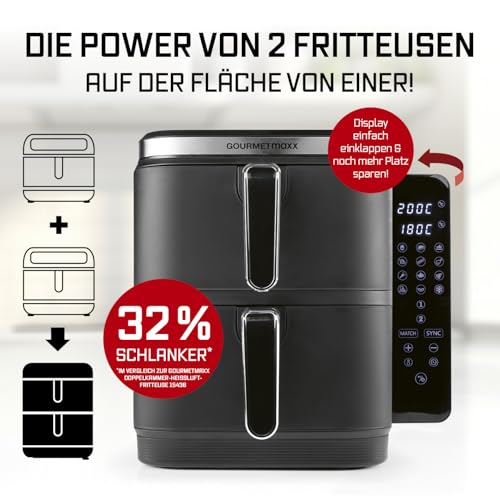 GOURMETmaxx FryUp Vertikale Doppelkammer Heißluftfritteuse | Airfryer 10 Liter | 4 Speisen auf 4 Ebenen | klappbares Touchdisplay | 32% platzsparender | Heißluftfritteuse 2 Kammern – Bild 3