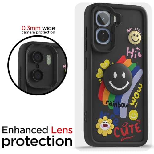 Image of Pikkme Back Cover for Vivo T5 Pro 5G | Soft Silicone| Cute Rainbow Smile & 3D Cartoon Flower Design | Shockproof Raised Camera Protection Bumper Case (Black)