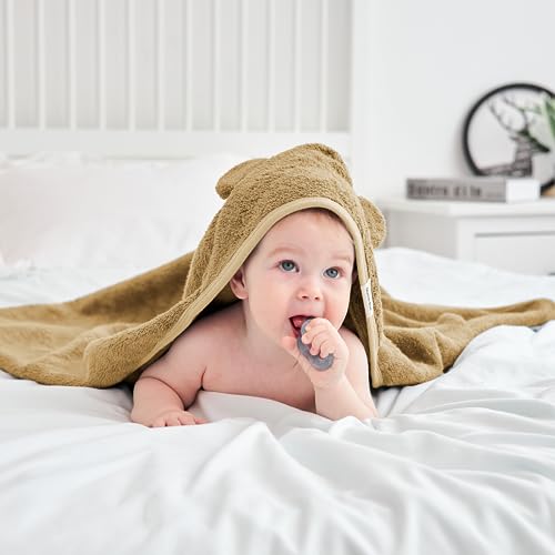 Image of Munich Blue Toddler Bath Towel for Boys & Girls - Soft Baby Bath Towels with Cute Bear Ears - Cozy Baby & Toddler Towels, 600 GSM, 35x35 inch (Brown Sugar)