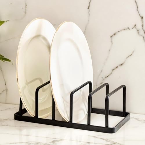 Image of Small Plate Stand Rack - Pack of 2 Black Iron Dish Rack Organizers for Countertop, Space-Saving 5-Slot Kitchen Plate Holder, 8.25 inch L x 5 inch W x 4.5 inch H