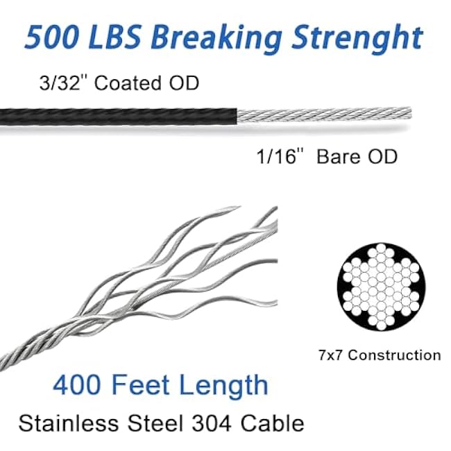 String Light Hanging Kit with 400FT Vinyl Coated 304 Stainless Steel Wire Rope, Globe String Light Suspension Kit, Outdoor Light Guide Wire Kit Included Turnbuckles, Enough Accessories, Use Manual