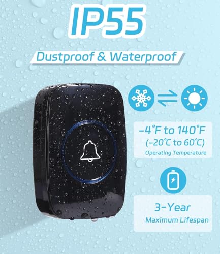 Image of YAYUSI Waterproof Wireless Doorbell, Door Bell 1 Transmitter and 2 Receiver, 5 Volume Levels, Silent Mode, 60 Melodies, 300 Meters Range LED Indicator for Home, Offices, Hotels