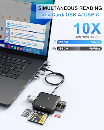 Lector de Tarjetas múltiple 8-en-1, Conector USB-C USB-A Lightning de 3 Puertos a SD, TF, CF, MS, USBA, USBC, OTG – Adaptador Lector de Tarjetas de Memoria para iPhone 17/16, iPad, Android, Mac - imagen 4