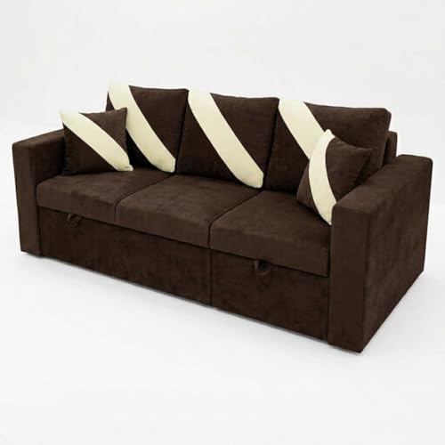 Image of FURNY Trivia 4 Seater RHS Lounger Sofa Cum Bed (Dark Brown) with Pull-Out Function | Luxury Velvet Suede Finish | Durable Comfort | Ideal for Living Room
