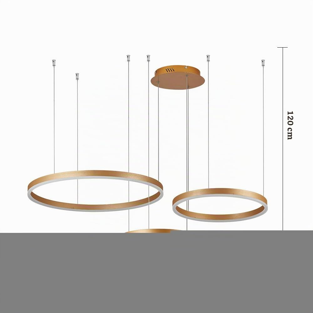 Lámpara colgante LED moderna, Aplique colgante con luz ajustable Araña de techo moderna, 86W, 2700-6500k, orientable con mando a distancia, color dorado, 3 aros 30x40x60cm