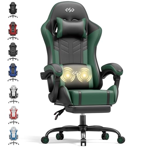 HLONONE Gaming Stuhl mit Massagefunktion, Ergonomischer Gamer Stuhl, Racing Gaming Sessel mit Fußstütze, Kopfstütze und Massage Lendenkissen, Gepolstert PC Stuhl, 150 kg Belastbarkeit, Schwarz-Grün