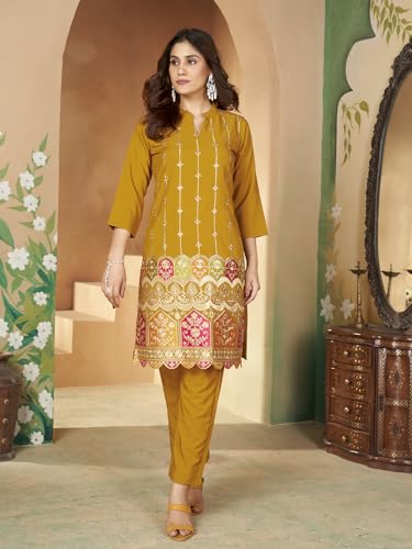 Image of Kurta Set for Women Silk Embroidered Straight Kurta Set for Women with Pant