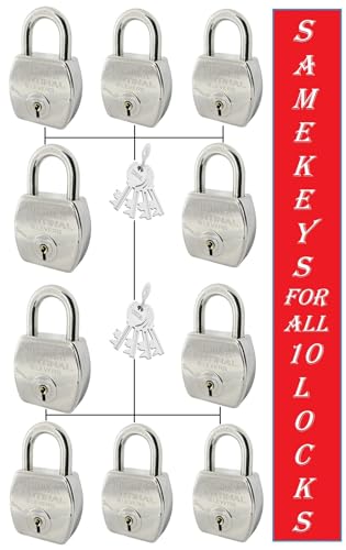 Image of 10 Locks with Same Key | Multiple Locks with Single Key | Common Key Lock | Steel Body | Lock for Home, Shutter, gate, Door, Channel, Shop, Outdoor, Indoor | Same Key Lock Set of 10 with 8 Keys