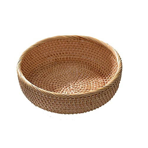 Natural Hand Woven Rattan Fruit Baskets Round Rattan Serving Tray Decorative Woven Basket Tray for Fruit Tea Bread Breakfast