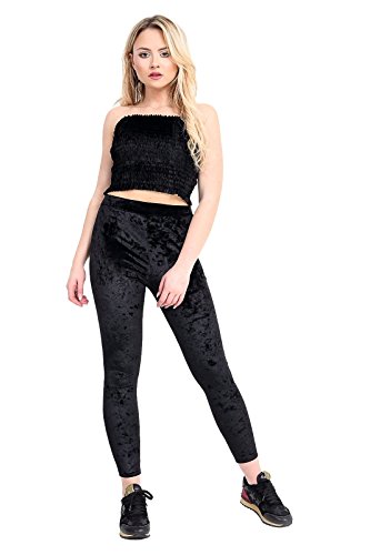 Womens Velvet Velour Crushed Elasticated Stretch Leggings Trousers Bottoms (Black, UK 12-14)