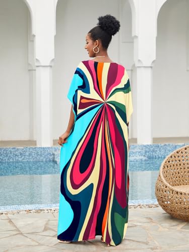Image of sunforyou Kaftan Dresses for Women Plus Size Lightweight Swimsuit Cover up Batwing Sleeve Print Loungewear Beach Robe