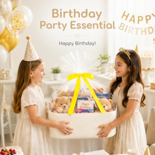 Image of OIASKET Empty Cotton Rope Gift Basket with Handles, 15.4 inchx11.4 inchx6.7 inch Decorative Woven Storage Basket with Gift Bag and Ribbon Set for Baby Shower, Toy Organizer for Kids, Dogs & Cats - Medium White