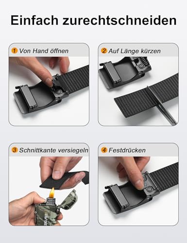JUKMO Automatik Gürtel Herren, Nylon 3,8cm Ratsche Gürtel (Schwarz, M-für Taille 91cm-105cm (Länge 125cm))