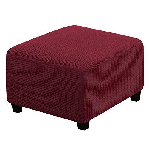 Image of H.VERSAILTEX Square Ottoman Covers Ottoman Slipcovers Folding Storage Stool Furniture Protector Form Fit with Elastic Bottom, Stretch High Spandex Small Checks Jacquard Fabric(Large,Burgundy Red)