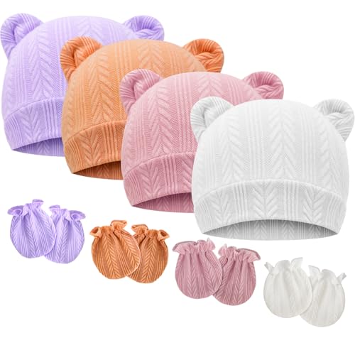 Image of BQUBO Newborn Baby Hats Bear Ears and Mittens Sets Preemie Caps Baby Boy Girl Infant Hospital Beanie for 0-3 Months
