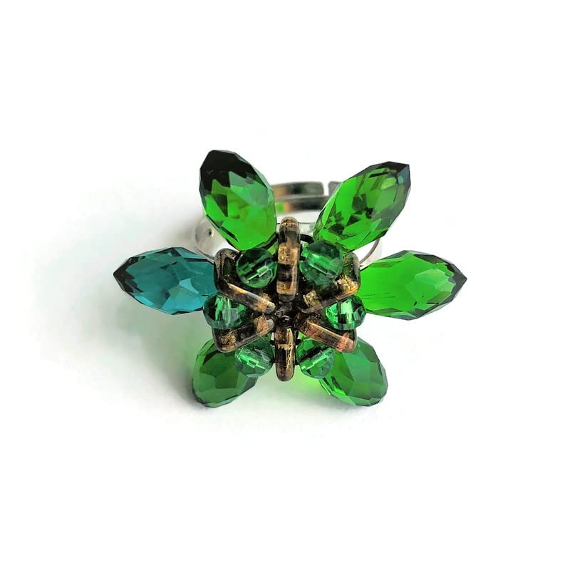 Spring Flower Adjustable Ring Faceted Briolette Green Celestial Crystal, Austrian Bicones, S.PL.