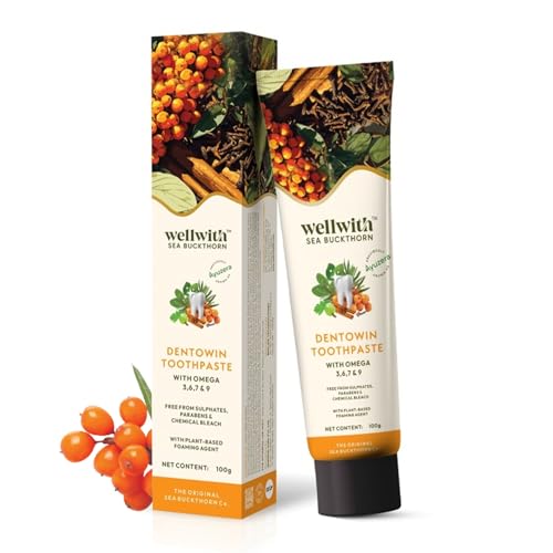 Image of Wellwith(Ayuzera) DentoWin(100g, Pack of 1) Herbal Gum Care Toothpaste with Himalayan Sea Buckthorn Berry, Tulsi & Neem, Teeth Whitening - Natural Formula, No Fluoride