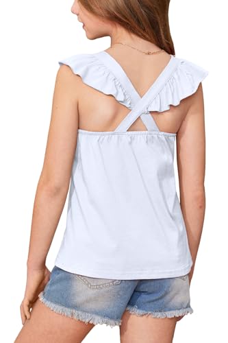 BesserBay Girls Criss Cross Back Flutter Sleeve Crew Neck Tank Tops Back Elastic Lightweight Solid Blouse 5-14 Years