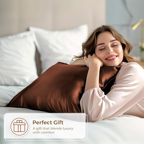 Image of Premium Satin Pillowcase Set of 2 with Eye Mask & 3 Scrunchies | Silky Soft, Anti-Frizz, Skin & Hair Care Sleep Set | Luxury Gift Combo for Women & Girls (Brown)