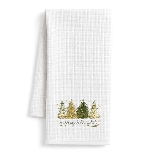 FISWAFY Gold Christmas Tree Kitchen Towels, Merry and Bright Xmas