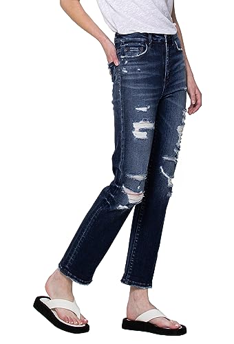 Flying Monkey, Distressed Super High Rise Crop Straight Jeans, Dark Blue2