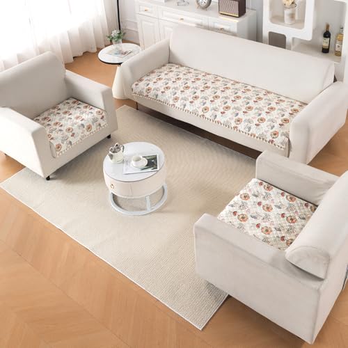 Image of HOKIPO Wildflower Breeze Quilted Sofa Cover 5 Seater Set - Washable 3+1+1 Sofa Cover Mat with Tassel Design | 'Tassel Twigs' Series (IN-985-T7 + IN-982-T7*2)