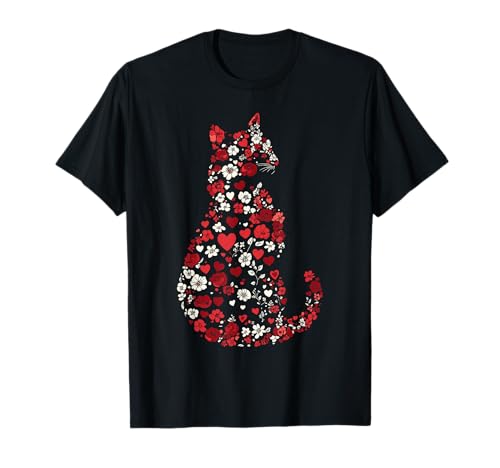 Floral Cat Artwork T-Shirt for Cat Lovers and Valentines