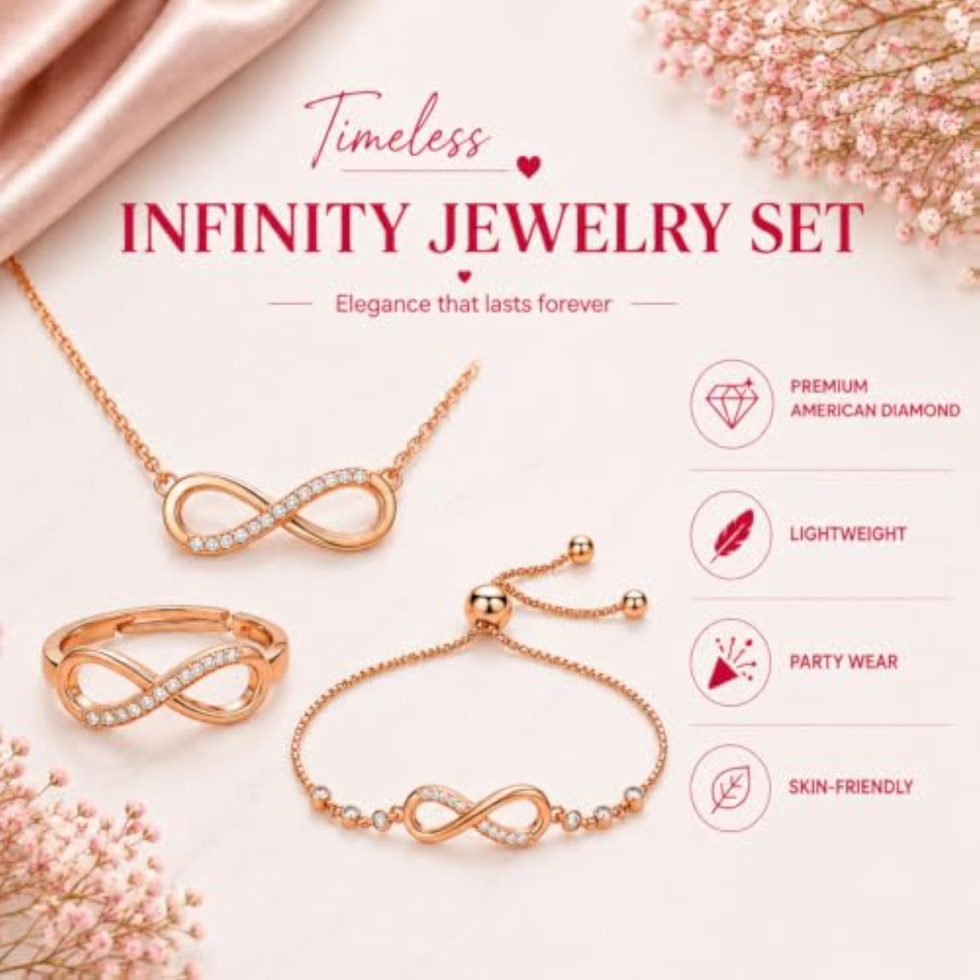 Infinity Shape Pendant with Adjustable Ring and Bracelet, Gift Set