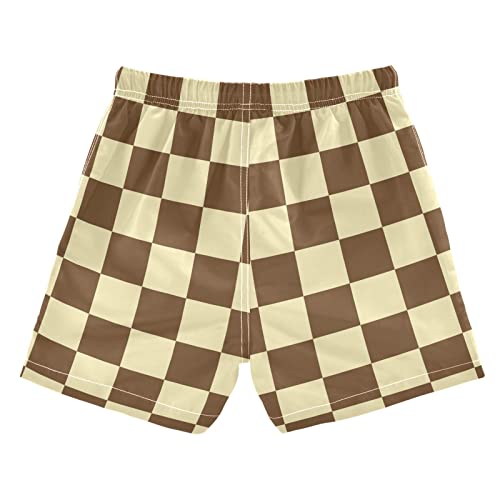 Vintage Brown White Checkered Boys Swim Trunks Plaid Toddler Beach Board Shorts Baby Summer Bathing Suit 2T2