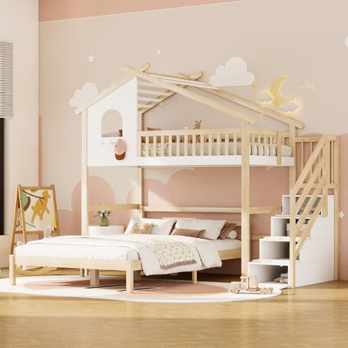 LAKFEW Litera Infantil 90(140) x200 cm con Escalera de Almacenaje y Diseño Loft, Literas Cama Infantil con Ventana y Protección Anticaída, Literas Juveniles, Natural+Blanco, Sin Colchon