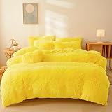 FOPPA Yellow Plush Fluffy Comforter Cover Set Queen - Ultra Soft Faux Fur Bedding Sets 3 Pieces (1 Shaggy Duvet Cover + 2 Pillow case) Fuzzy Bed Set (Yellow, Queen)