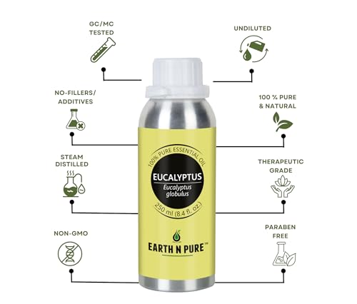 Image of Earth N Pure Eucalyptus Essential Oil for Aromatherapy & Diffuser - 100% Pure Premium Eucalyptus Oil for Steam Inhalation, Fresh Air & Home Use - Natural Essential Oil - 250ml