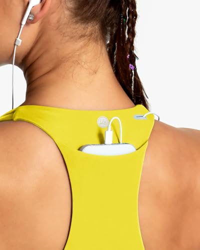 Image of QUEENIEKE BareFlow Women's Sports Bras with Phone Pocket Medium Impact Padded Racerback Workout Gym Crop Top Running Yoga Bra